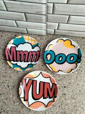 TRIO: New Pop Art Comic Book Appetizer Plates: Mmm! Ooo! Yum